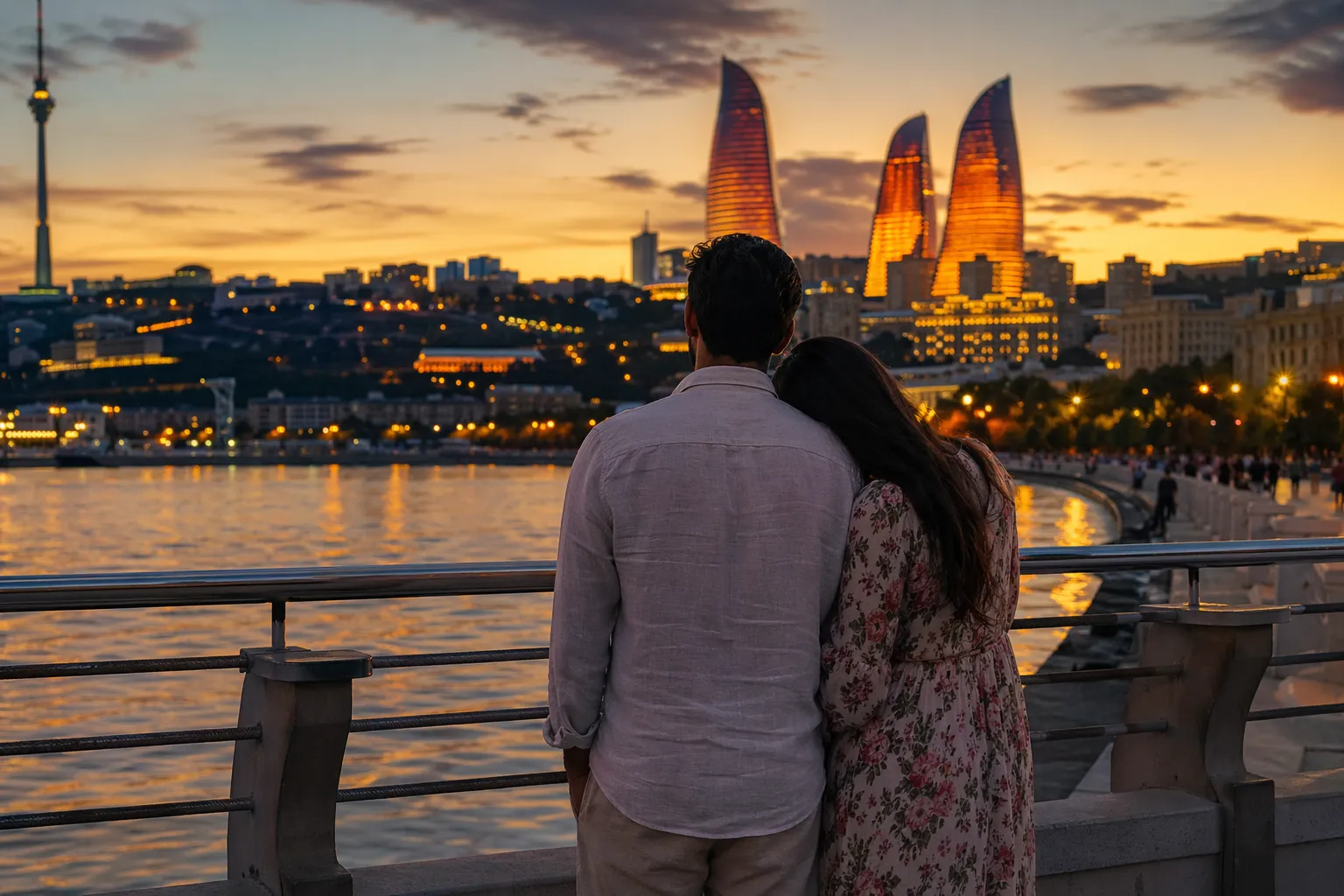 Pakistani couple on Baku Boulevard during sunset with Flame Towers in background Azerbaijan honeymoon from Pakistan