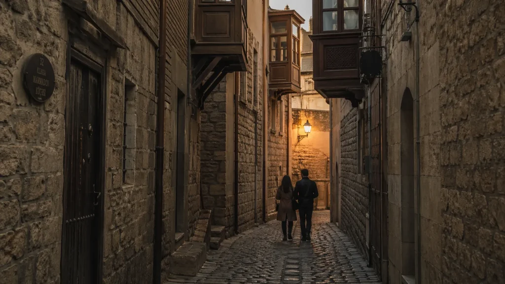 Romantic cobblestone alley in Icherisheher Old City Baku Azerbaijan couple honeymoon walk