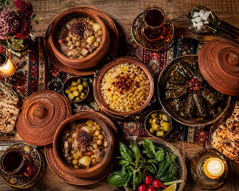 Traditional Azerbaijani halal dinner for two with piti soup and saffron rice Baku honeymoon food