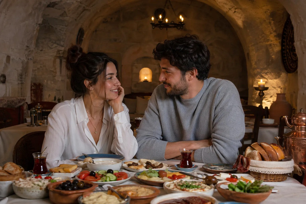 Couple enjoying Turkish breakfast at a cave hotel in Cappadocia on a custom honeymoon trip
