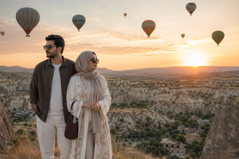 Pakistan couple on Turkey honeymoon watching hot air balloons in Cappadocia at sunrise | Turkey Honeymoon from Pakistan