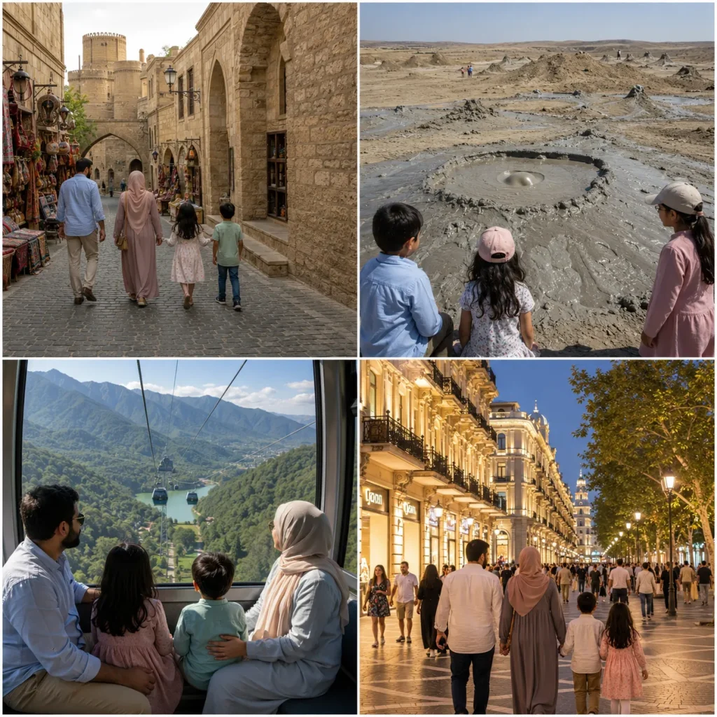 6-day Baku family itinerary highlights Baku Old City Gobustan mud volcanoes Gabala mountains and Nizami Street shopping for Baku family trip from Karachi 