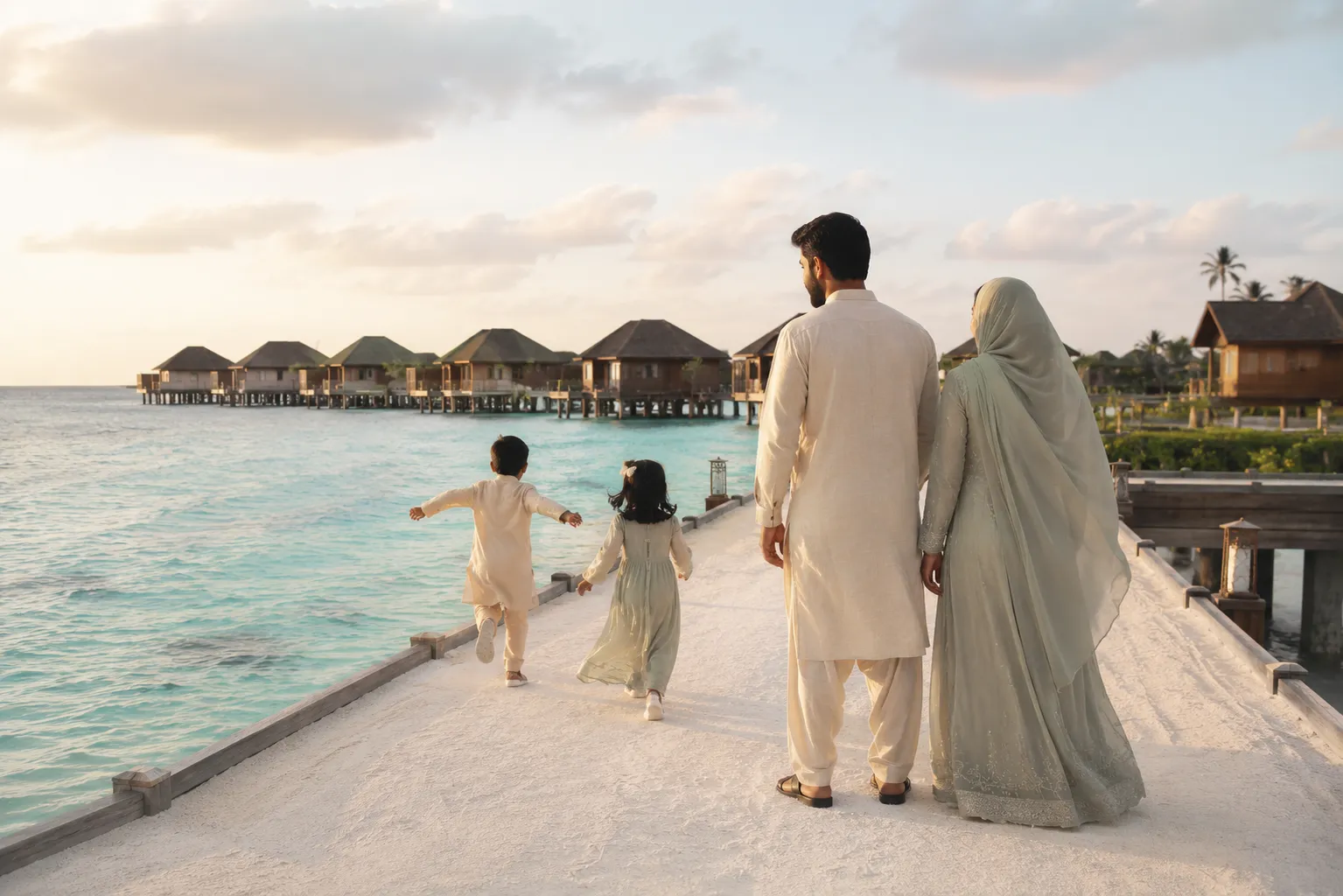 Pakistani family on overwater jetty in Maldives during Eid Al Adha holiday
