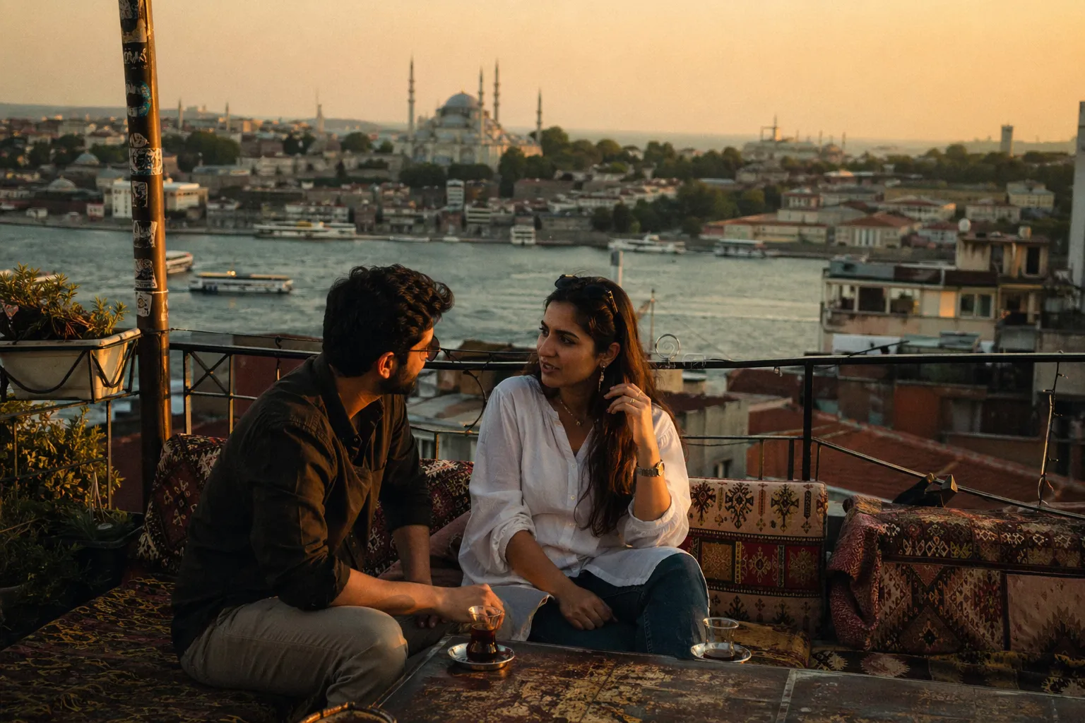 Pakistani couple sitting on Istanbul rooftop terrace at golden hour with Bosphorus and minarets in background