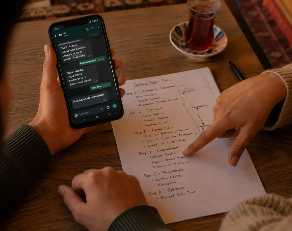 A travel consultant and client planning a custom Turkey itinerary over WhatsApp and handwritten notes