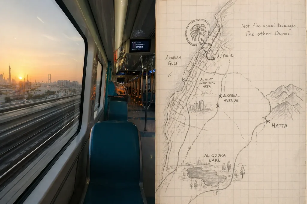 RTA Dubai Metro at sunrise on the left, hand-drawn custom Dubai map marking Al Qudra Lake, Hatta, and Al Fahidi on the right | Dubai Travel Guide for Pakistanis 