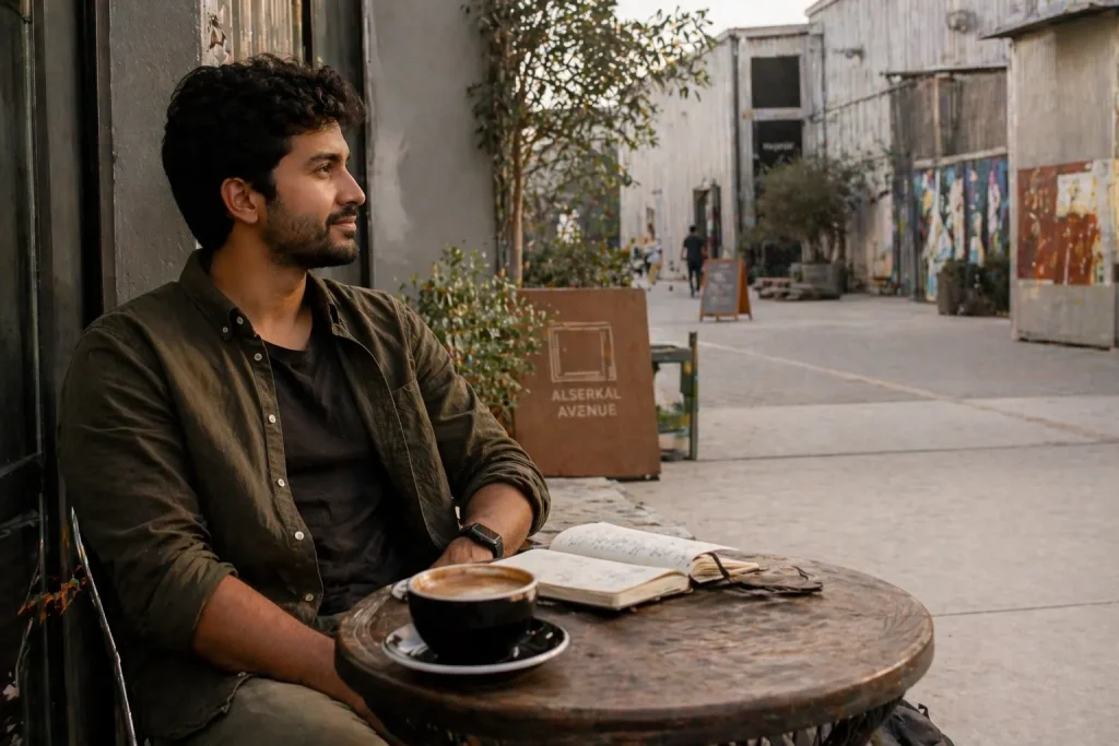 Pakistani solo traveler sitting at a café table in Alserkal Avenue Dubai arts district, notebook open, afternoon light | Dubai Travel Guide for Pakistanis 