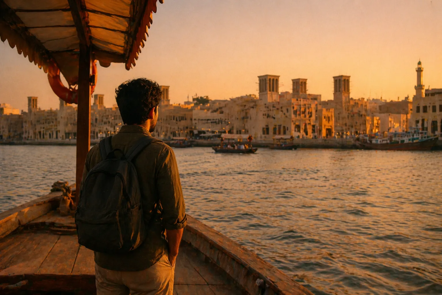 Pakistani solo traveler crossing Dubai Creek on an abra ferry at golden hour, old Deira skyline ahead | Dubai Travel Guide for Pakistanis
