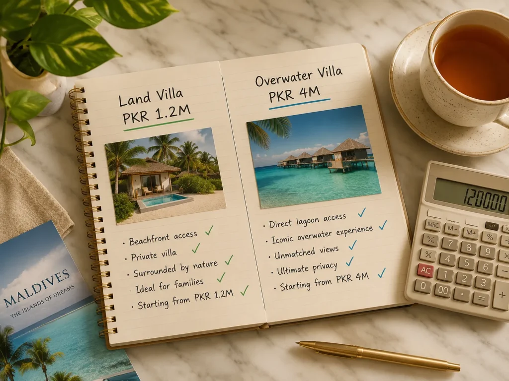 Maldives trip cost comparison for Pakistani families land villa versus overwater villa pricing for Eid Al Adha from Karachi