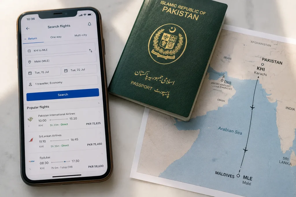 Karachi to Male flight routing options for Eid Al Adha 2026 family trip