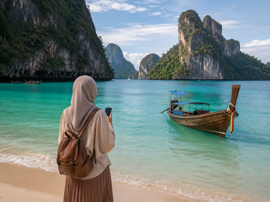 Hijab-wearing Muslim woman traveller on tropical beach checking phone Halal Maldives Trip planning for Pakistani women, Maldives island trip