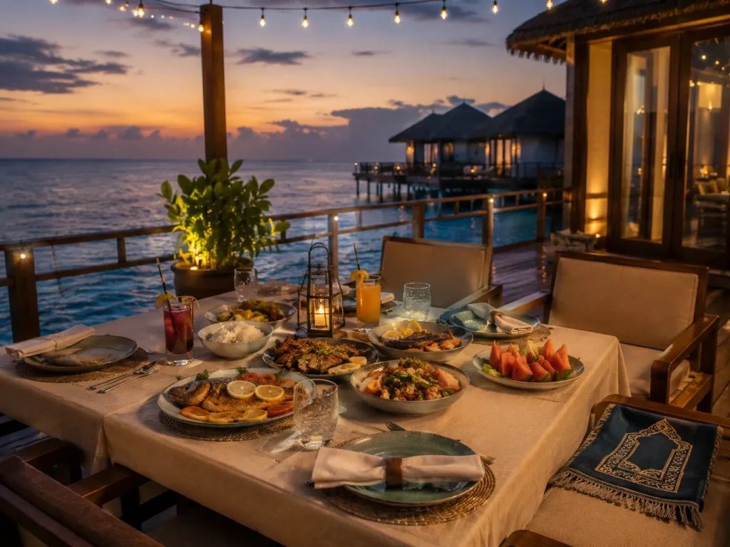 Halal dining setup at Maldives resort overwater deck certified halal food and prayer facilities at Villa Resorts Joali and Furaveri Maldives for Pakistani Muslim families