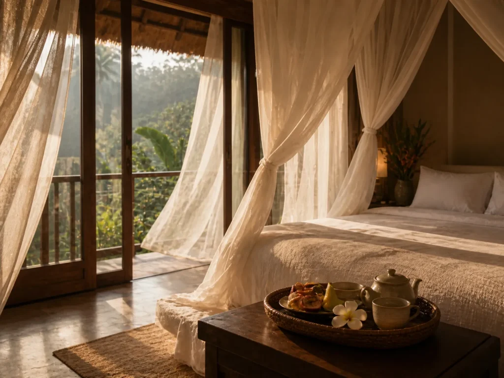 Private villa bedroom with herbal tea tray and open wooden doors in Southeast Asia, luxury healing retreat