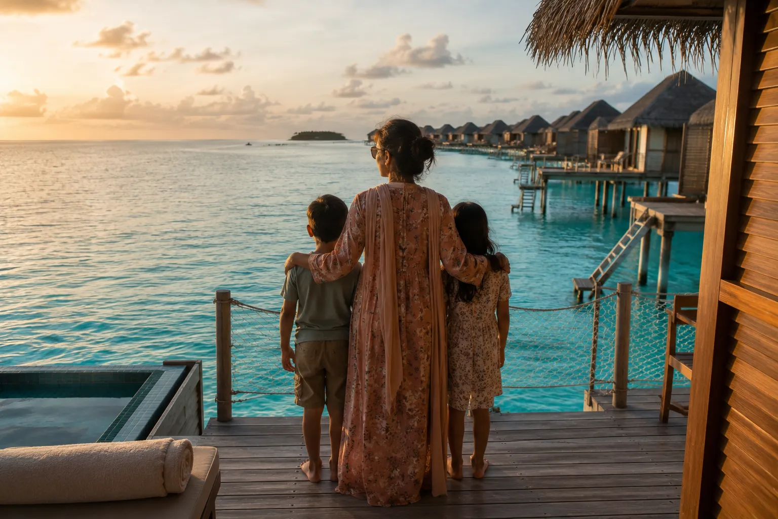 Pakistani mother and children at Maldives overwater villa family resort summer