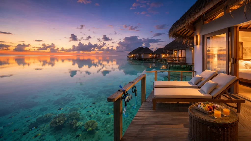 Overwater villa deck at dawn in the Maldives with turquoise lagoon, breakfast tray, and snorkel gear for families | Maldives Family Resort for Summer