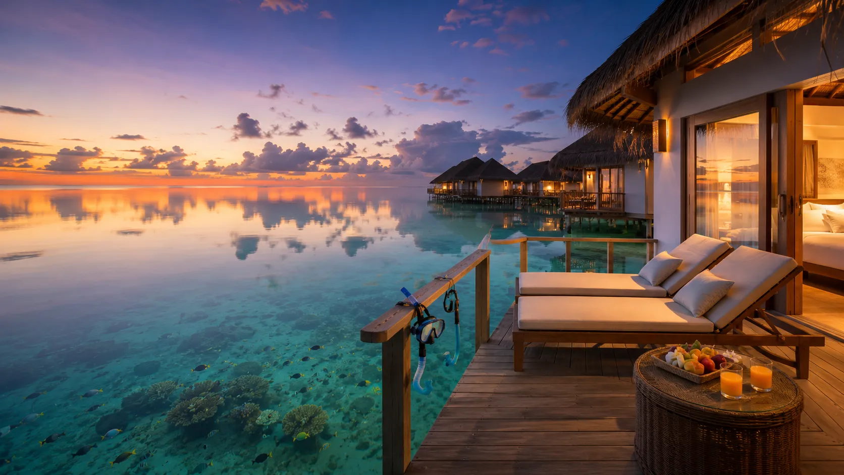 Overwater villa deck at dawn in the Maldives with turquoise lagoon, breakfast tray, and snorkel gear for families | Maldives Family Resort for Summer