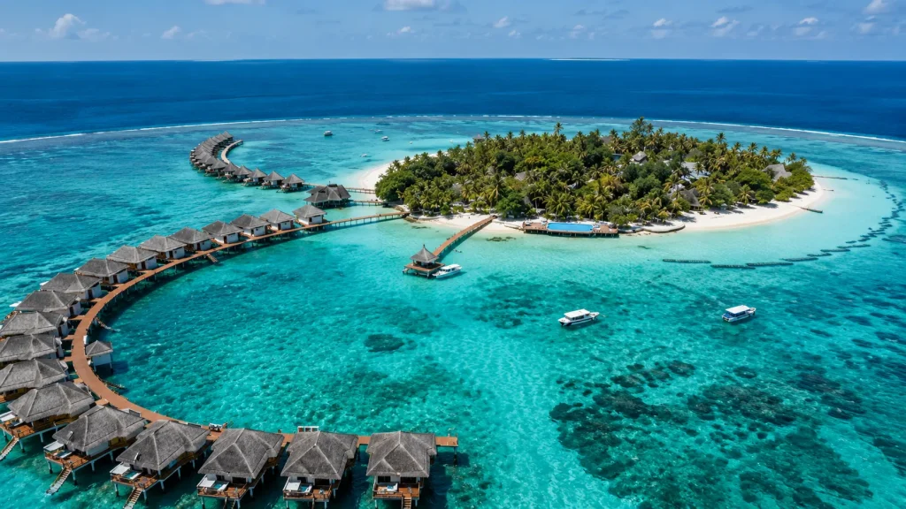 Luxury Maldives island resort aerial view with overwater villas, turquoise lagoon, white sand beach, and tropical palm trees under a sunny blue sky.