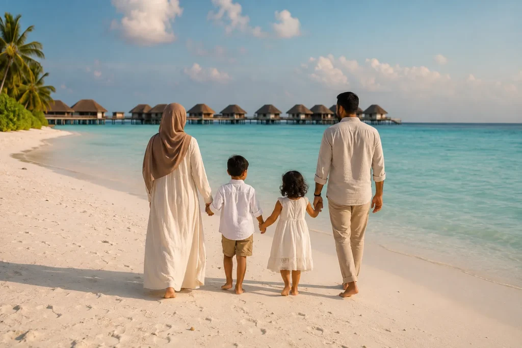 Pakistani Muslim family walking on Maldives beach with overwater villas in background halal Maldives Trip family holiday from Karachi 
