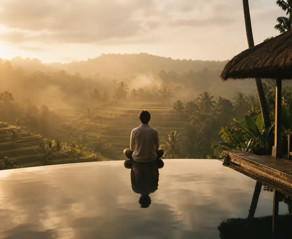 Traveler sitting by a private infinity pool overlooking Bali rice terraces at golden hour, mental health retreats