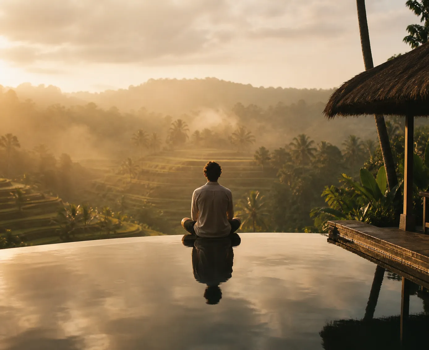 Traveler sitting by a private infinity pool overlooking Bali rice terraces at golden hour, mental health retreats