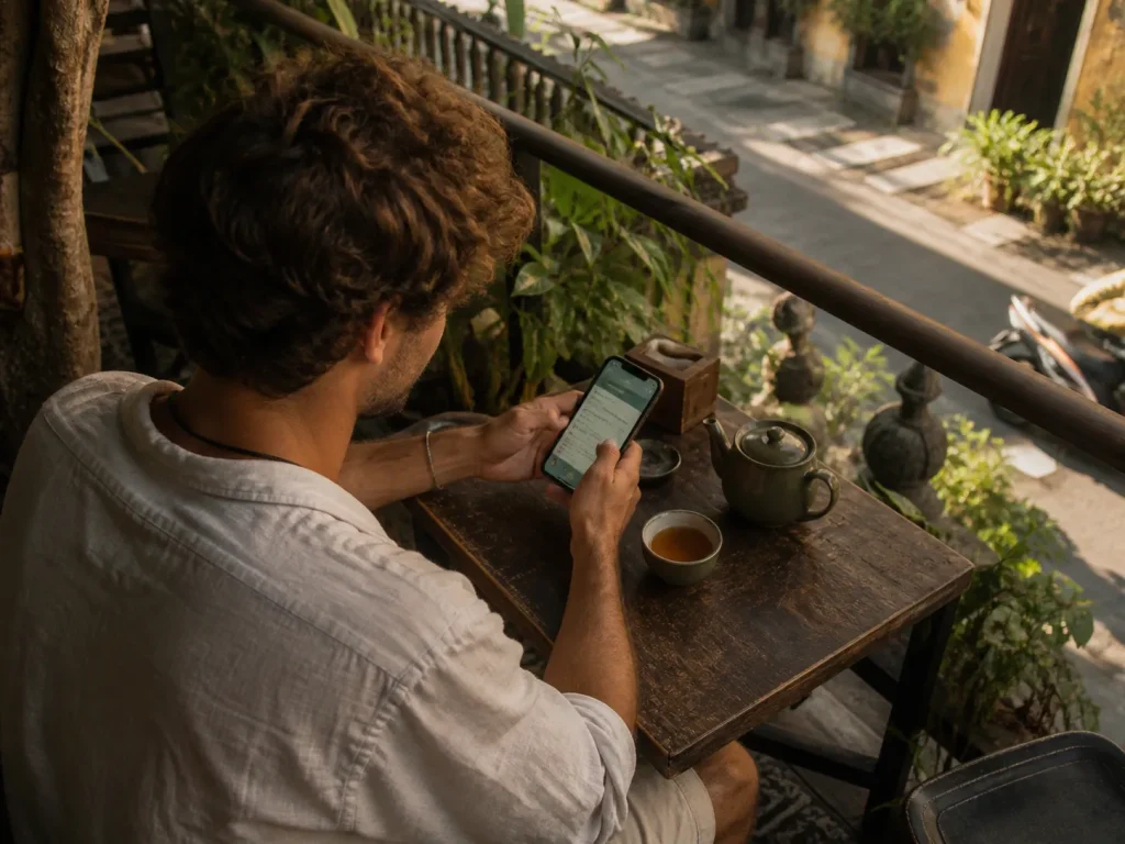Person messaging on WhatsApp at outdoor café in Southeast Asia | Zaviamo custom travel planning