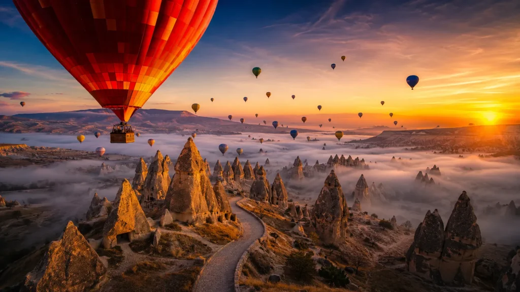 Dozens of colorful hot-air balloons rise over Cappadocia's fairy chimneys at golden sunrise, with morning mist blanketing the valley the iconic highlight of a Turkey family trip planned through Zaviamo.