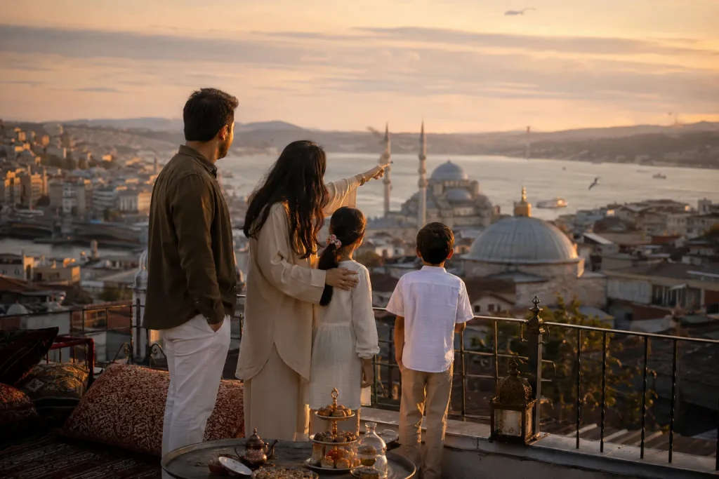 A Pakistani family enjoying a golden hour view of Istanbul's Bosphorus skyline from a rooftop terrace in summer