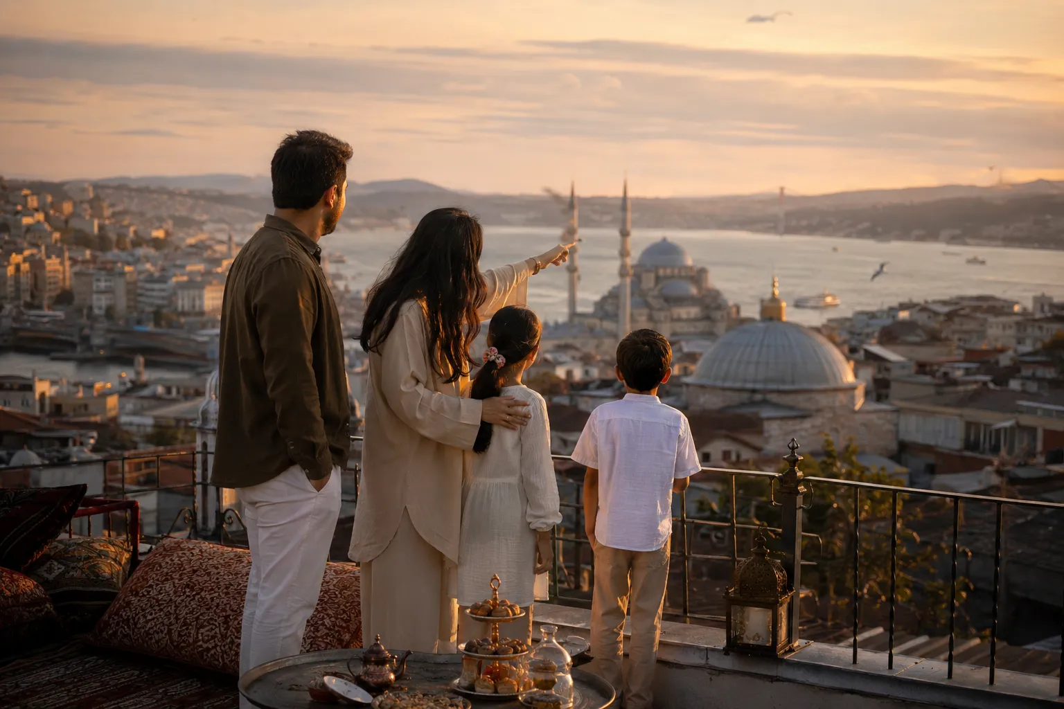 A Pakistani family enjoying a golden hour view of Istanbul's Bosphorus skyline from a rooftop terrace in summer