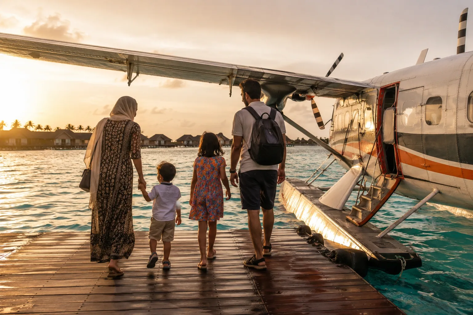 Pakistani family boarding seaplane for Maldives Eid Al Adha 2026 holiday from Karachi