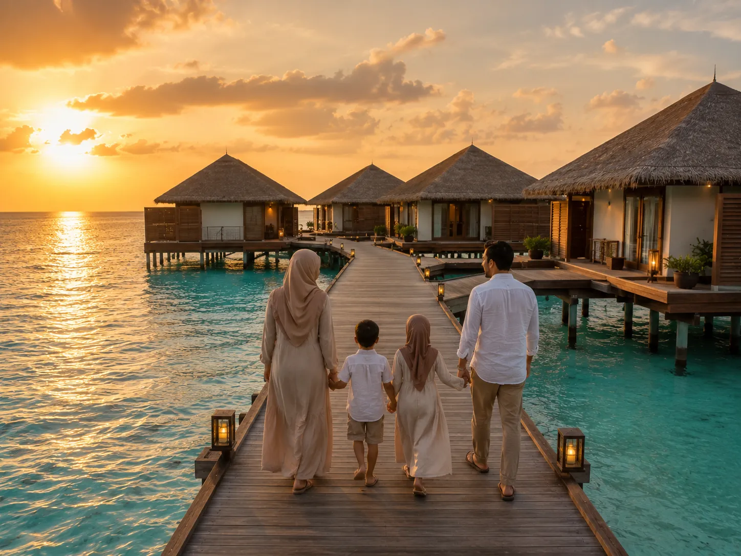 Pakistani Muslim family walking to overwater villa at halal Maldives resort in summer custom family holiday planned by Zaviamo from Karachi