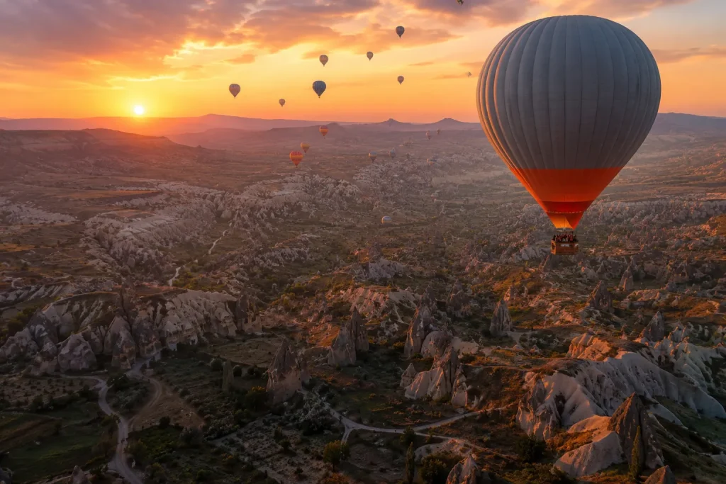Hot air balloons rising over Cappadocia's fairy chimneys at sunrise, a key highlight of any Turkey family trip itinerary