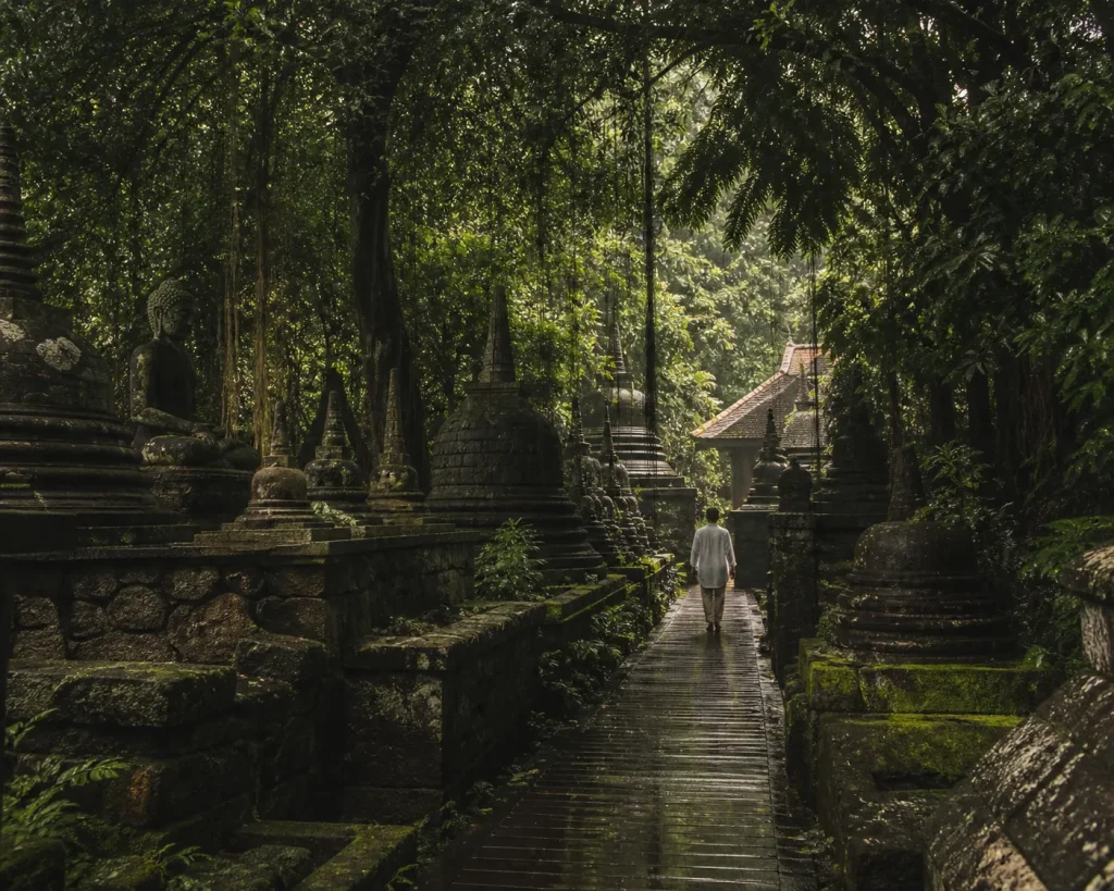 Solo traveler walking through ancient Buddhist temple path in Sri Lanka jungle | luxury mental wellness trip