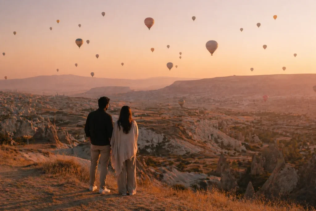 Pakistani couple standing at Cappadocia valley edge at sunrise watching hot air balloons rise over the rock formations | Couple Trip Turkey from Pakistan 
