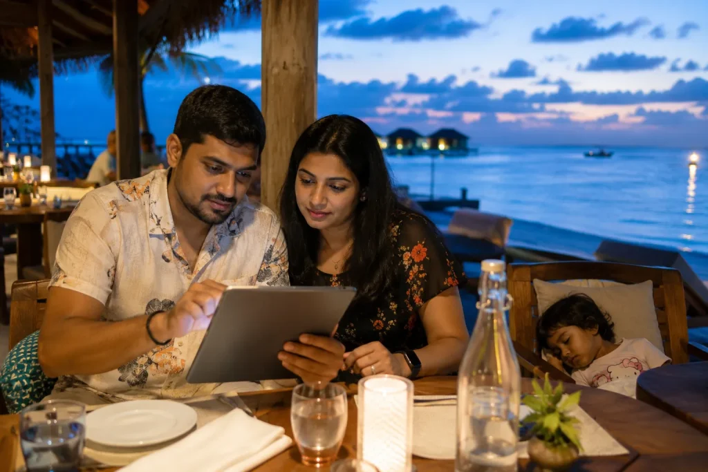 Pakistani family reviewing Maldives trip itinerary at resort restaurant summer 2026