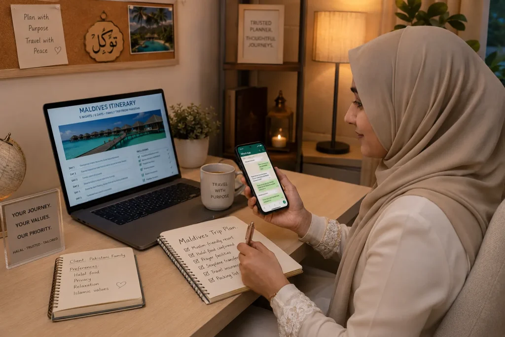 Zaviamo travel planner building custom Maldives family trip from Karachi — personalised halal resort itinerary with seaplane timing and Middle East routing watch for summer 
