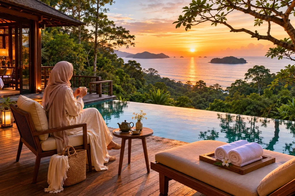 Pakistani Muslim woman in hijab relaxing at The Datai Langkawi rainforest villa deck | Malaysia Wellness Retreats