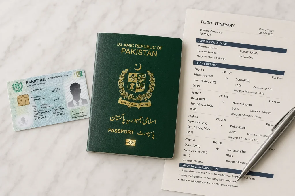 Pakistani e-passport CNIC and flight itinerary flat-lay, Pakistan e-passport facts summer