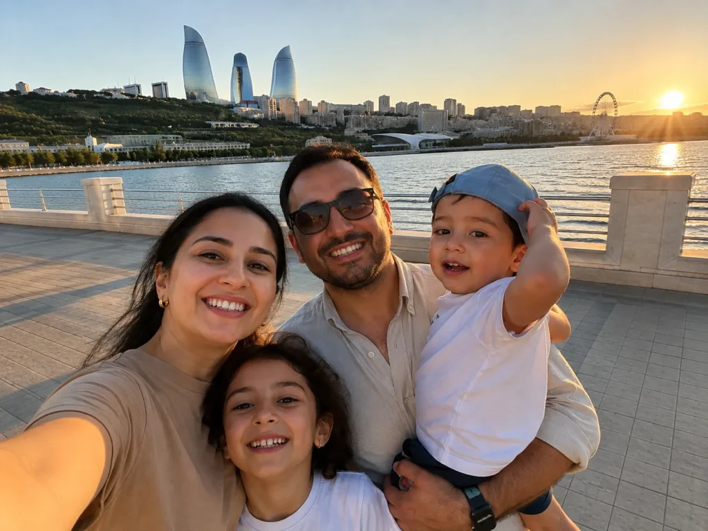 Baku family trip selfie with mom and kids at Baku Boulevard near Flame Towers