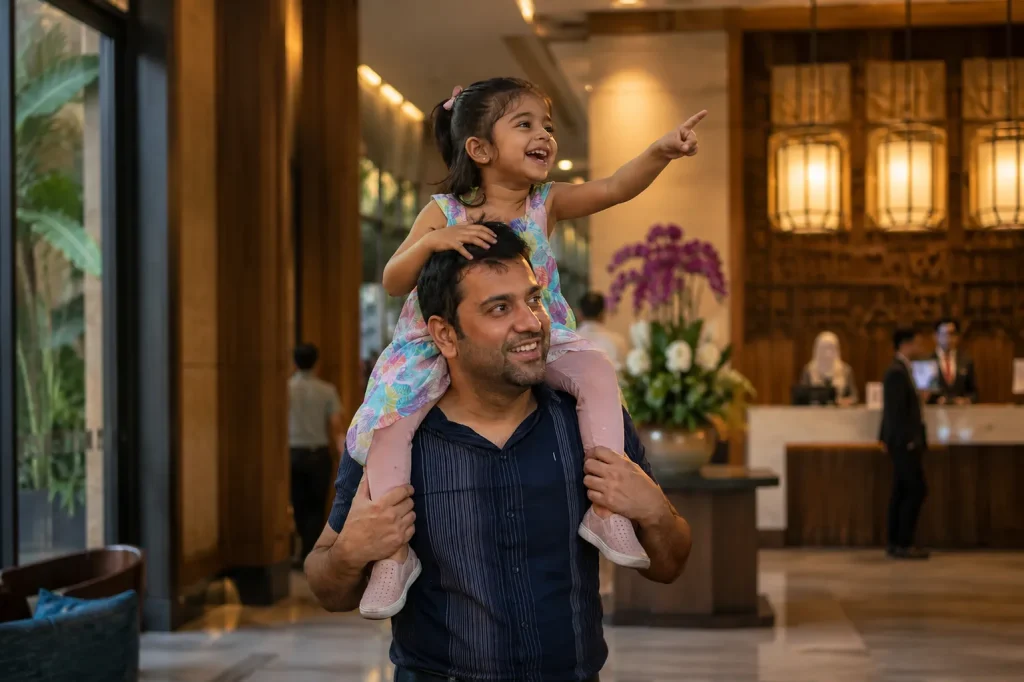 South Asian father and daughter laughing in Bangkok halal hotel lobby