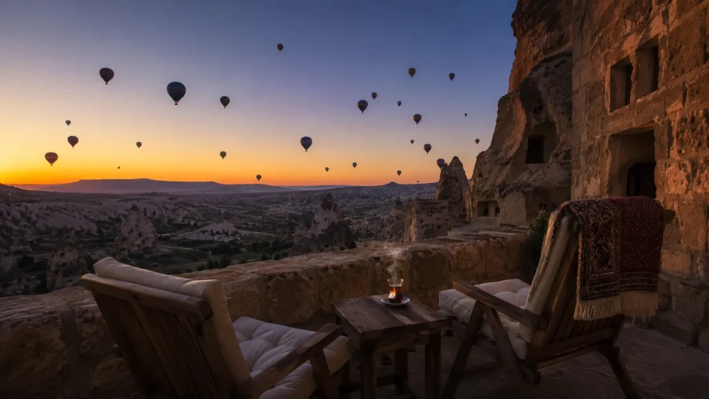 Cave hotel stone terrace in Cappadocia at dawn with hot air balloons rising over fairy chimney rock formations