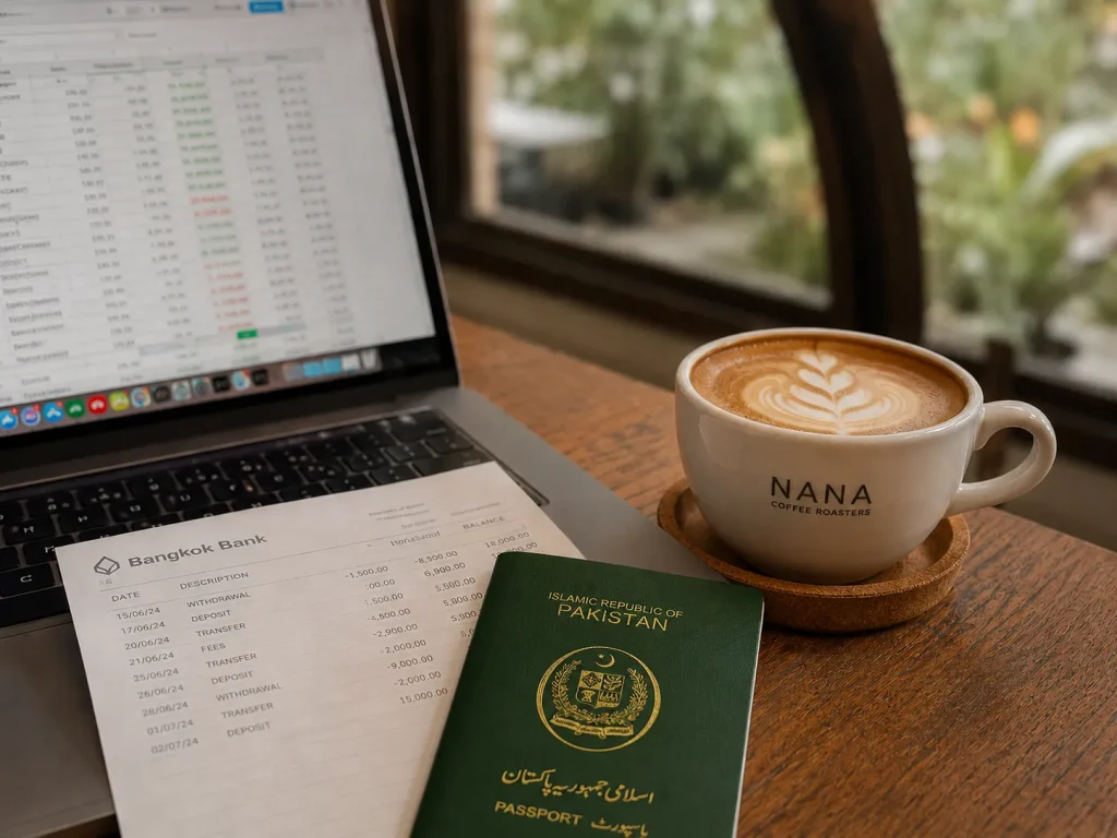 Bangkok cafe workspace with passport and documents, Thailand DTV visa Pakistan application prep