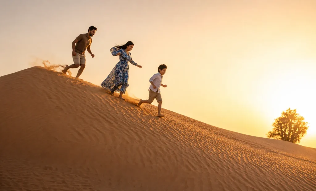 Family running down red dunes at golden hour, dubai desert safari price safe for kids