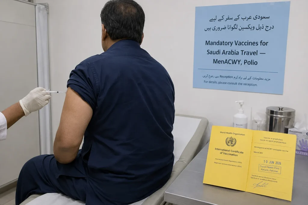 MenACWY vaccine certificate for Saudi Arabia travel, Umrah 2026 Pakistan mandatory vaccination
