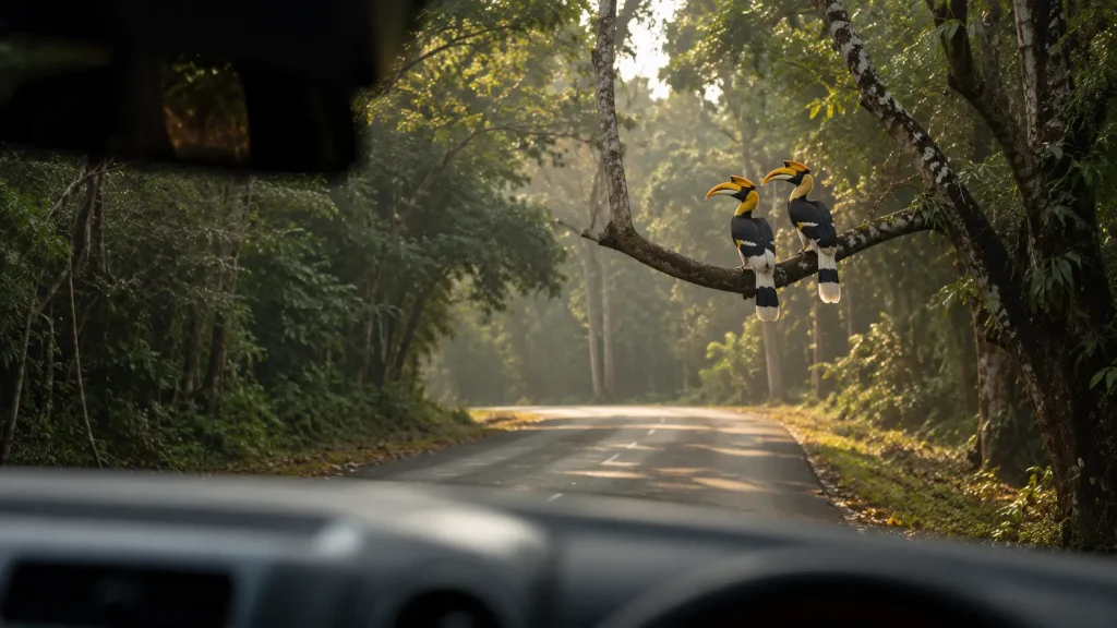 Pair of Great Hornbills perched on a jungle tree at dawn on a wildlife drive road in Khao Yai National Park