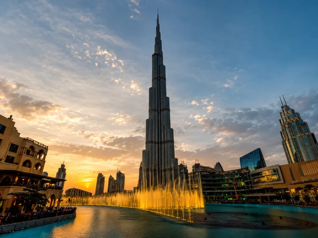 Dubai Fountain and Burj Khalifa at dusk, Dubai kids go free summer evening view