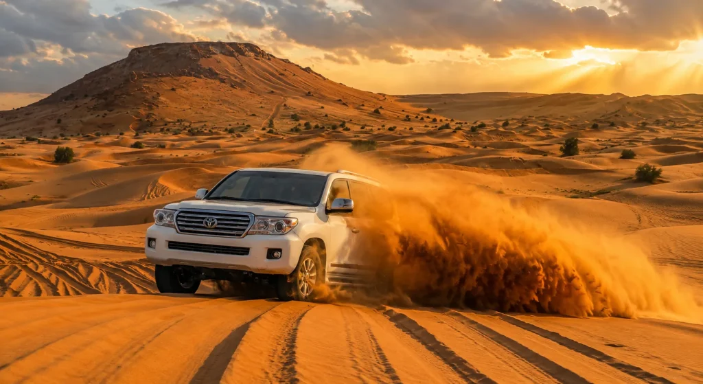 White Toyota Land Cruiser dune bashing at sunset, dubai desert safari price from AED 99