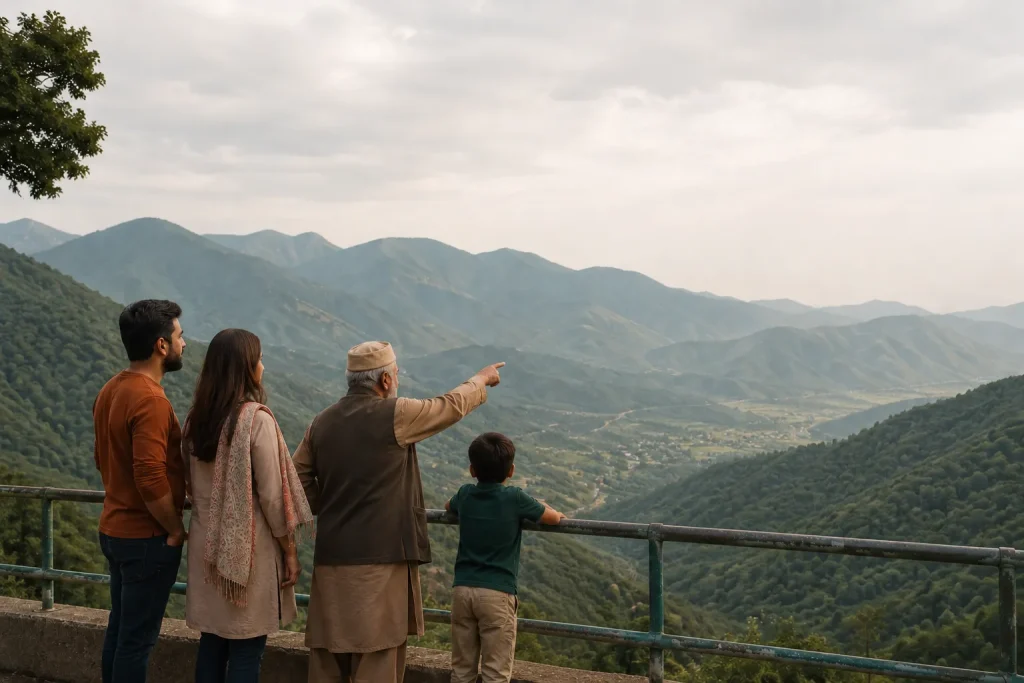 Baku family trip stop at a Gabala mountain viewpoint with green ridges