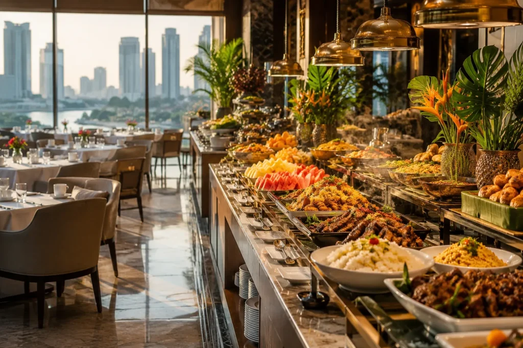 Halal food buffet at Bangkok halal hotel restaurant with city skyline view