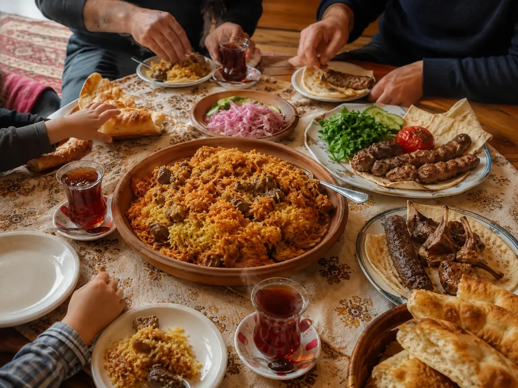Baku family trip halal dinner of plov, kebab, and tea in Baku