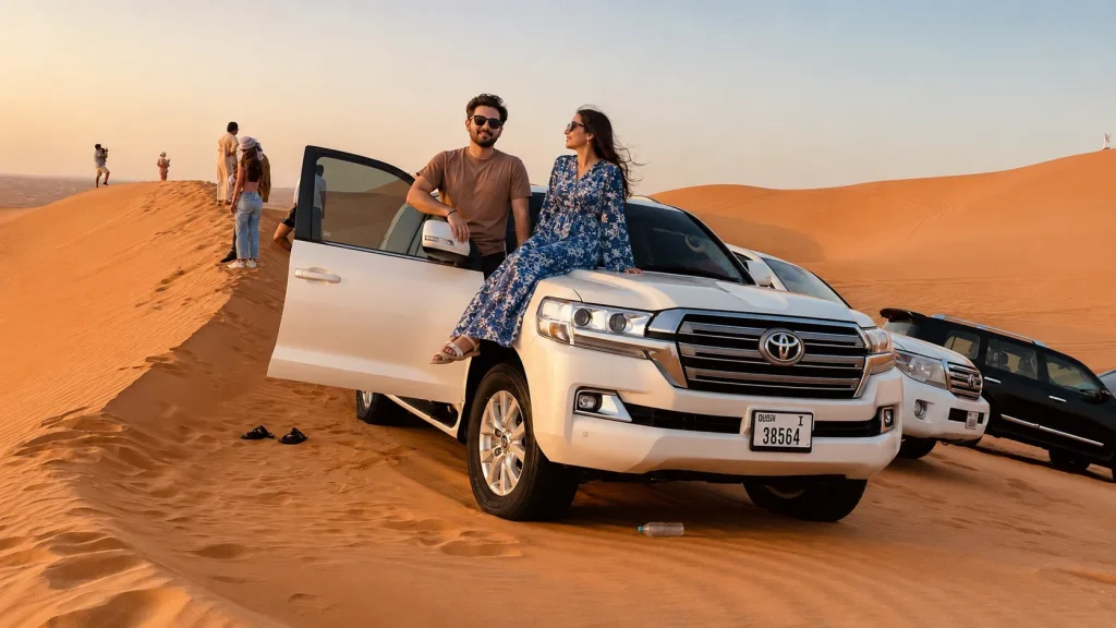 Couple at photo stop on Lahbab red dunes with Land Cruiser, dubai desert safari price per person